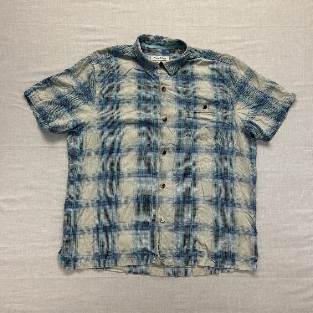 Tommy Bahama Plaid Short Sleeve Button Up Shirt Men's XL Blue 100% Silk Casual